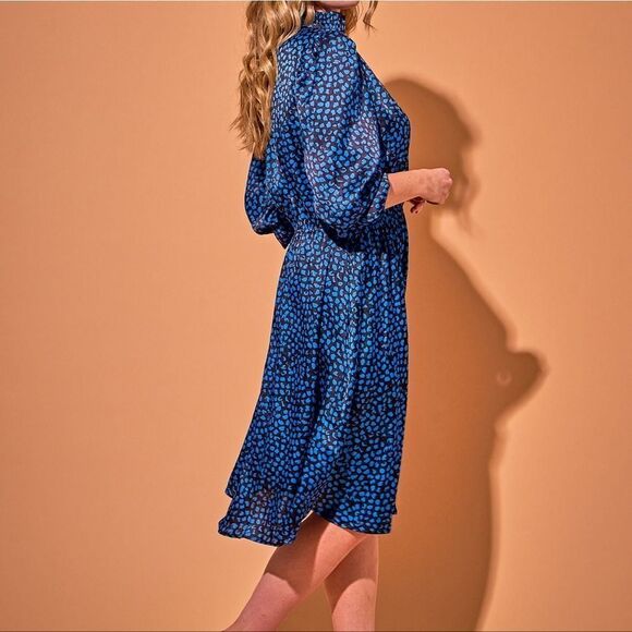 Tucker Stella Dress Cornflower Spots in Stretch Charmeuse Silk Black Blue - Picture 2 of 3